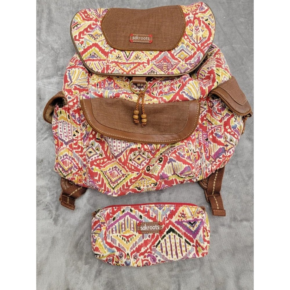 Sakroots Artist Circle Flap Backpack Bag With Matching Pouch, Drawstring